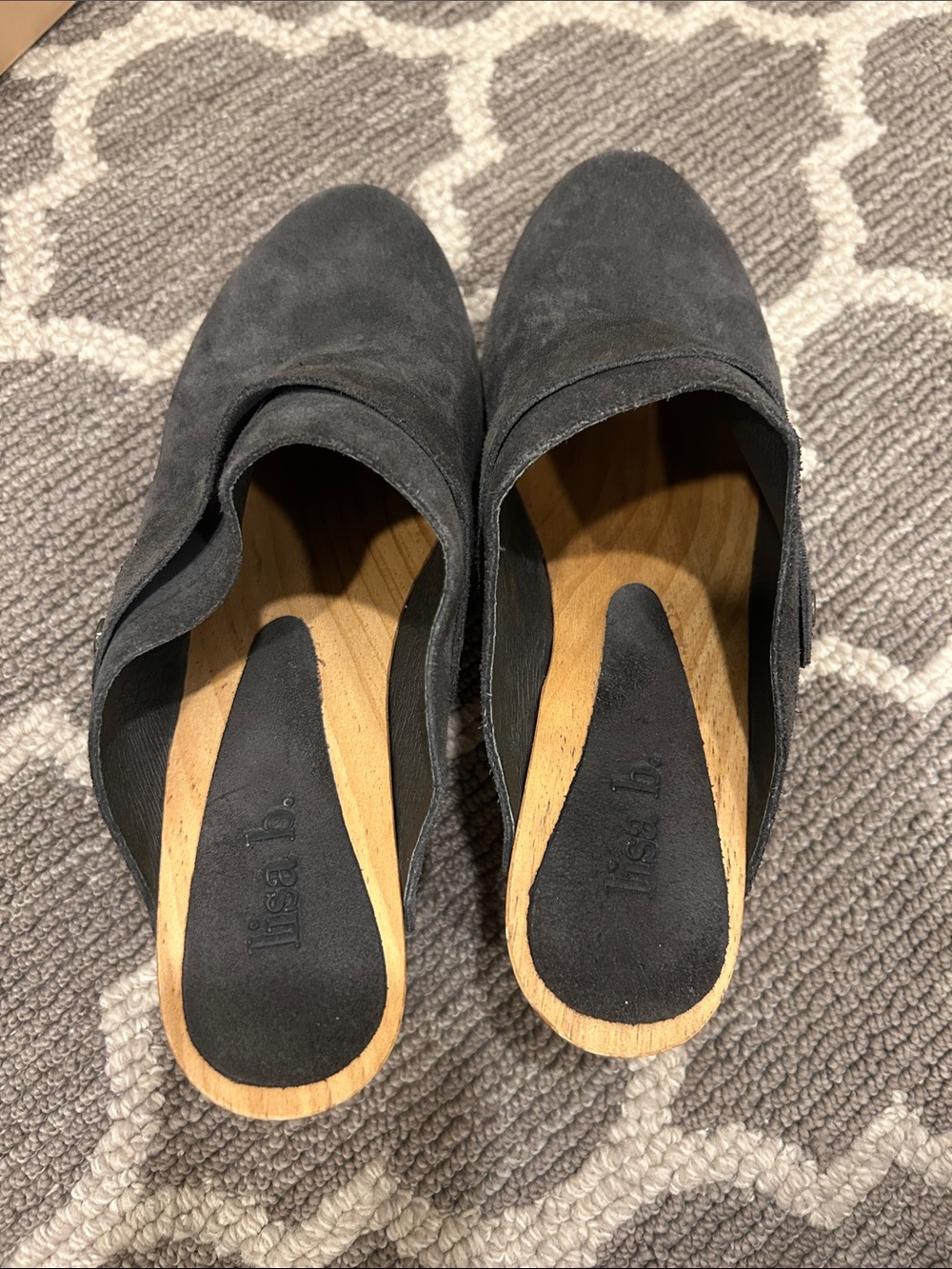 Women's Black Suede Clog Mules with Wood Heel - Picture 4 of 6